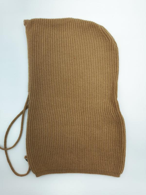 Camel brown ribbed knit balaclava hood with adjustable tie strings, laid flat on white background - MOQ 100pcs mixed colors OK