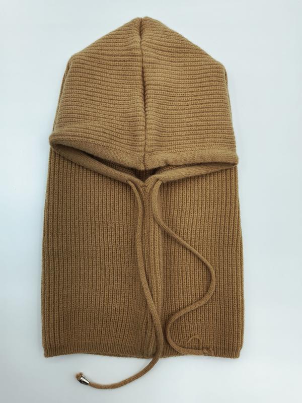 Camel brown ribbed knit balaclava with waffle-texture hood and adjustable drawstring, laid flat on white background - jacquard custom pattern accepted