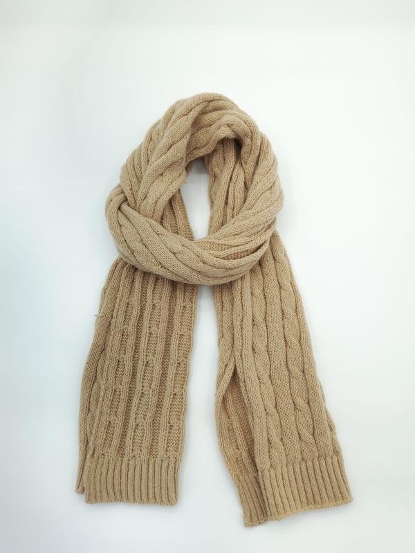 Camel beige cable knit scarf looped and laid flat on white background showing ribbed texture and twisted pattern - jacquard custom pattern accepted