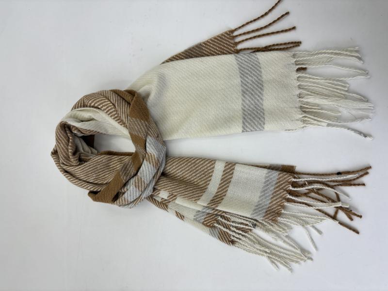 Folded camel, cream, and grey plaid woven scarf with twisted fringe ends on white background - MOQ 100pcs mixed colors OK