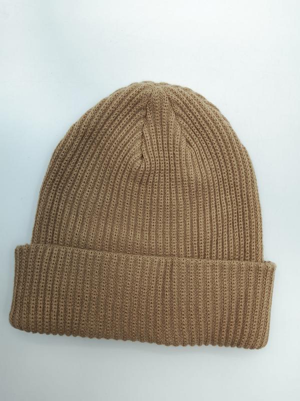 Camel tan ribbed knit beanie hat with folded cuff, laid flat on white background - 5-day digital sample ready
