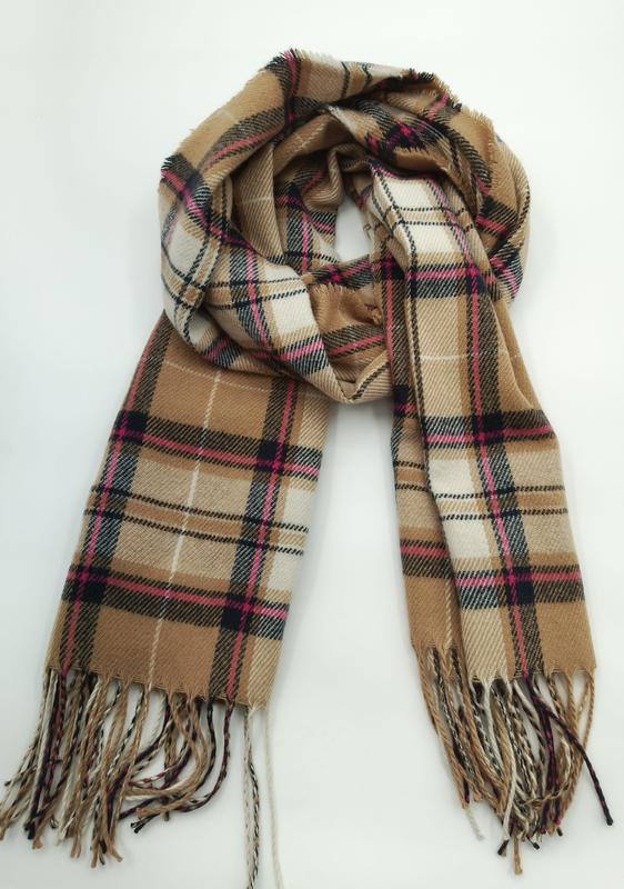Camel tan tartan plaid scarf with pink black check pattern and twisted fringe ends, coiled on white background - BSCI audit passed supplier