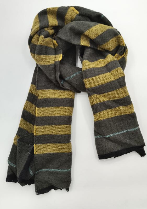 Folded charcoal grey and mustard yellow wide stripe wool blend scarf with teal accent stripe and fringe edges - wholesale price for USA buyers