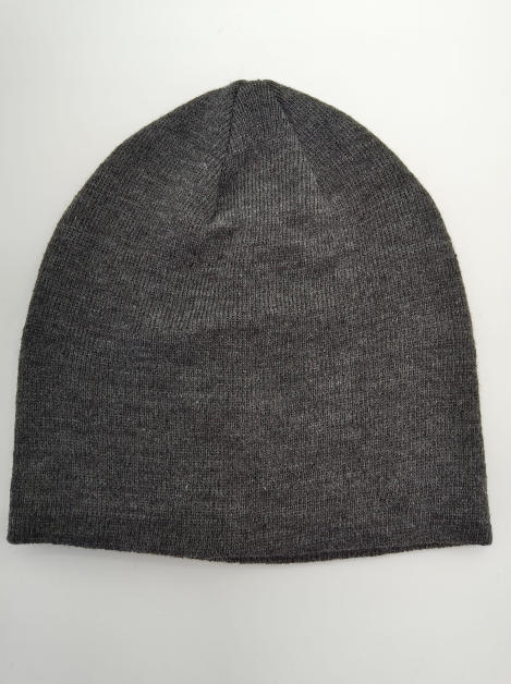 Charcoal grey fine knit slouchy beanie hat laid flat on white background, unisex winter accessory - low MOQ 50pcs trial order