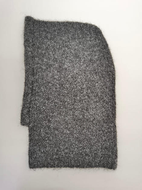 Charcoal grey fuzzy knit balaclava hood laid flat on white background, showing soft textured wool blend fabric - ODM OEM service available