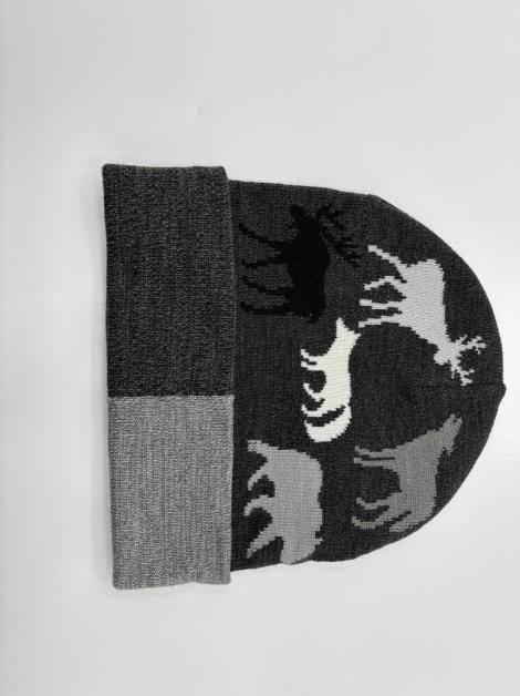 Dark grey knit beanie hat featuring moose, wolf, bear and deer intarsia pattern with two-tone grey folded cuff - MOQ 100pcs mixed colors OK