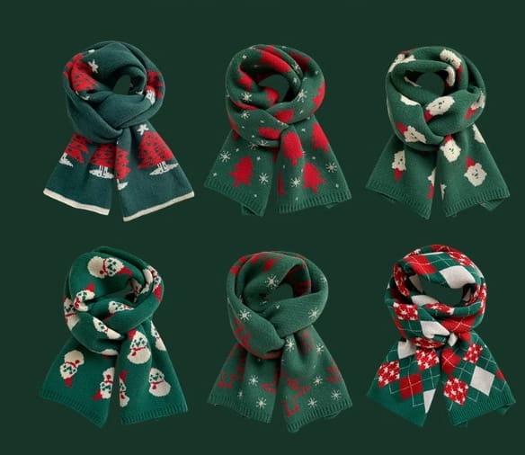 Six green and red knitted Christmas scarves with holiday patterns including trees, snowmen, reindeer, snowflakes, and argyle designs - EU REACH compliant material