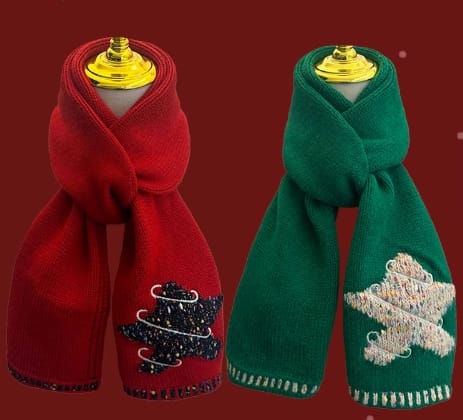 Two festive knitted scarves in red and green displayed on mannequins with Christmas tree embroidery and sequin details - Oeko-Tex Standard 100 certified