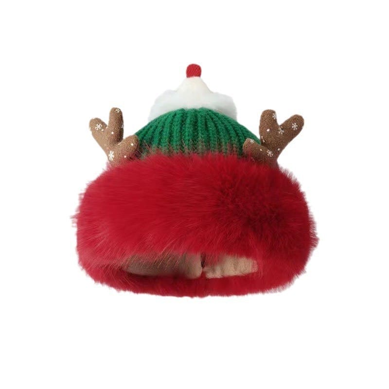 Christmas knit beanie hat in green and white with reindeer antlers, red pom-pom top, and fluffy red faux fur brim - jacquard custom pattern accepted