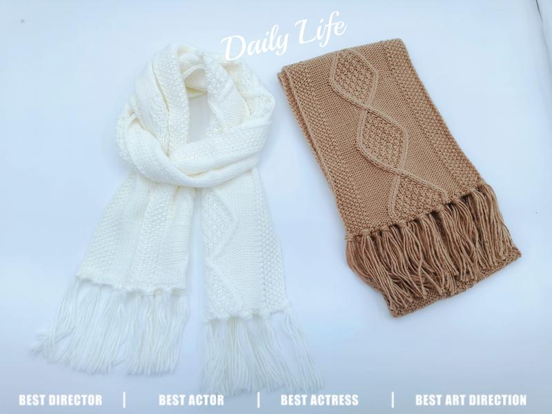 Two knit scarves with fringe ends: white cable-knit scarf and folded camel scarf with raised leaf pattern on white background - ask bulk pricing get discount