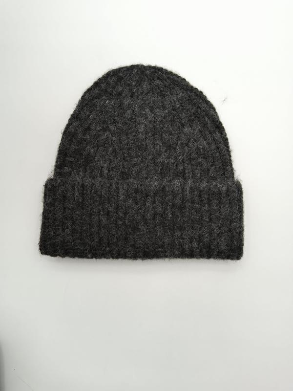 Dark charcoal grey chunky ribbed knit beanie hat with folded cuff, flat lay on white background - air shipping 5-7 days arrival