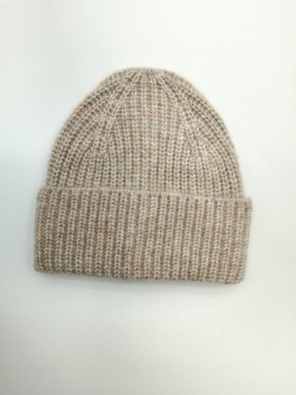 Flat lay of a chunky ribbed knit beanie hat in oatmeal and beige marl with a folded cuff on white background - small batch 100pcs accepted
