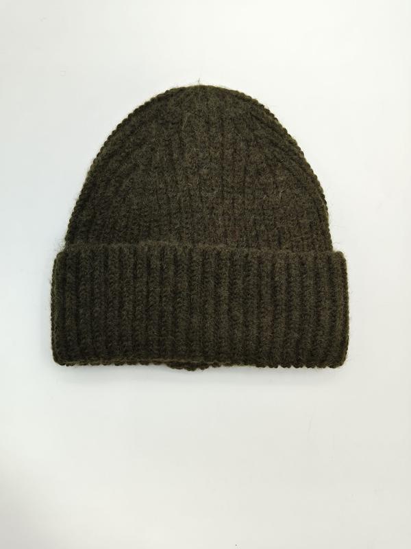Olive green chunky ribbed knit beanie hat with folded cuff, laid flat on white background - low MOQ 50pcs trial order