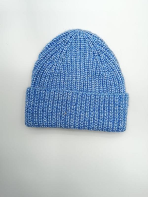 Sky blue marl chunky ribbed knit beanie hat with folded cuff, laid flat on white background - 5-day digital sample ready