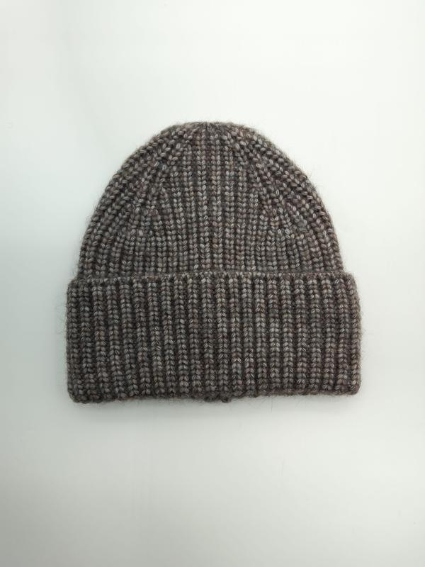 Chunky ribbed knit beanie hat in taupe brown marl wool blend, flat lay on white background with folded cuff - no MOQ for stock designs