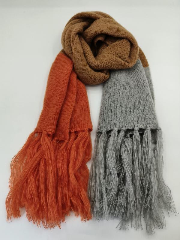 Color block knitted scarf with long fringe ends in rust orange, light grey, and camel brown tones - free sample within 7 days