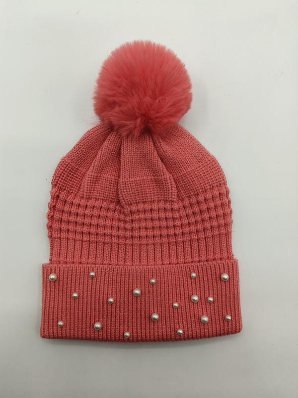 Coral pink ribbed knit winter beanie hat with faux fur pom pom and pearl stud embellishments on cuff - small batch 100pcs accepted