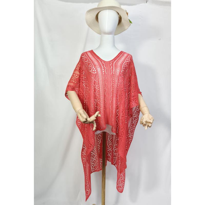 Coral red crochet lace kaftan poncho displayed on mannequin with white sun hat, open weave bohemian beach cover-up - WhatsApp quote in 2 hours