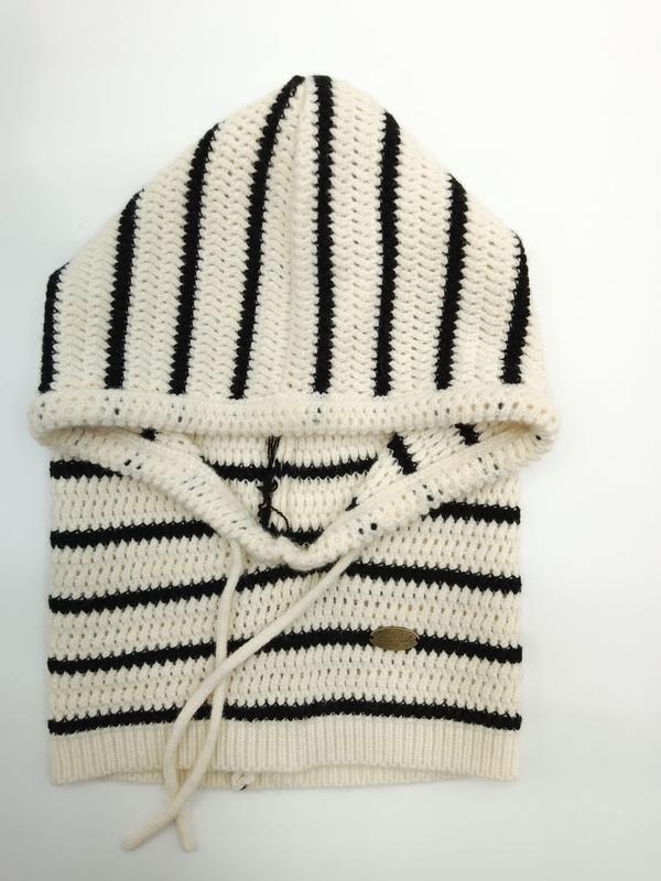 Folded cream and black striped crochet knit hoodie sweater with drawstring hood and ribbed hem, displayed flat on white background - custom size no extra charge