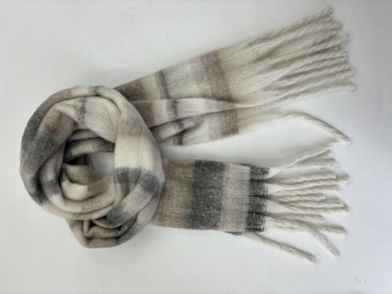 Cream and grey plaid brushed winter scarf with white fringe ends, loosely looped on white background - bulk order 20-day delivery