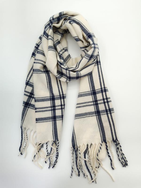 Cream and navy blue plaid woven scarf with twisted fringe ends, looped and laid flat on white background - custom Pantone color matching