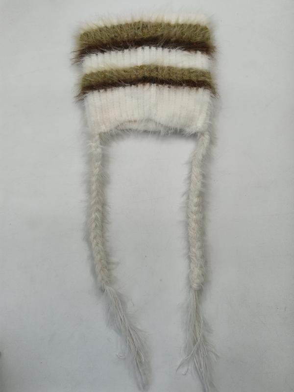 Cream and olive green fuzzy striped knit winter hat laid flat with two long braided tassel ties on white background - no MOQ for stock designs