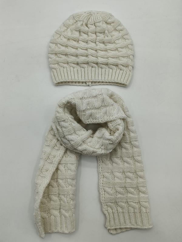 Cream cable knit winter hat and matching long scarf set laid flat on white background - WhatsApp quote in 2 hours