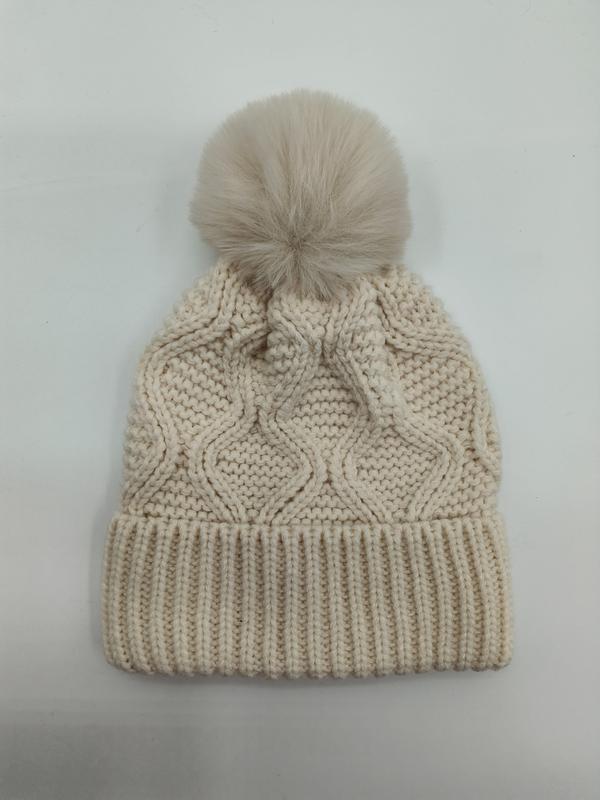 Cream cable knit beanie hat with large fluffy faux fur pom-pom on top and ribbed cuff band - certified scarf manufacturer China - WhatsApp quote in 2 hours