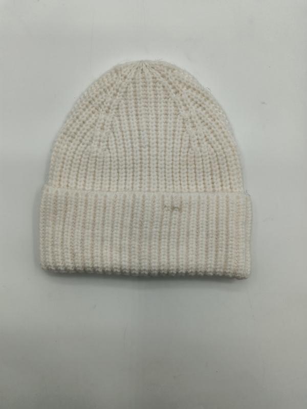 Cream off-white chunky ribbed knit beanie hat with fold-over cuff laid flat on white background - WhatsApp quote in 2 hours