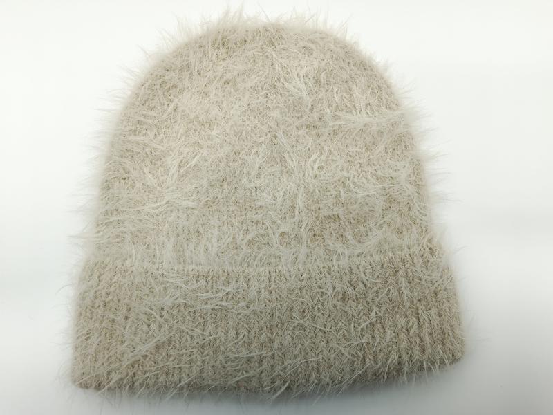 Cream beige fuzzy eyelash yarn knit beanie hat with ribbed cuff on white background - BSCI audit passed supplier