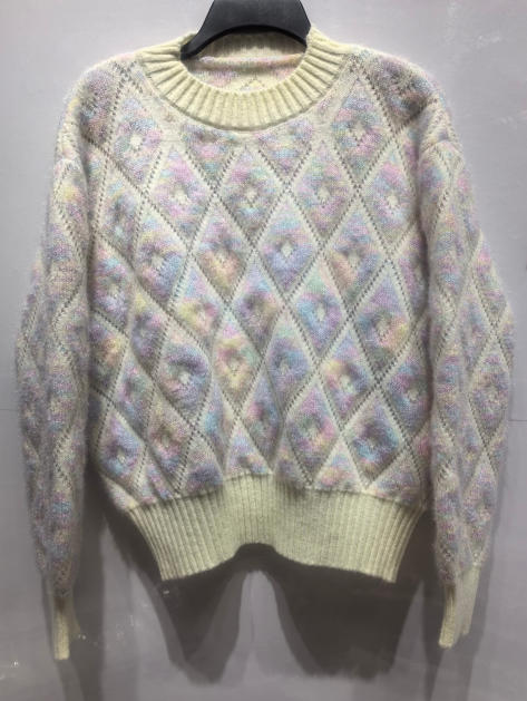 Cream fuzzy knit crewneck sweater with pastel multicolor diamond argyle pattern in pink, blue, lavender, and yellow - EU REACH compliant material