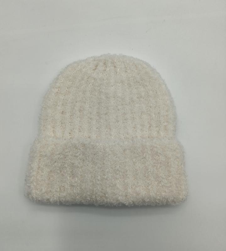 Cream white fuzzy ribbed knit beanie hat laid flat on white background, soft fluffy textured winter slouch cap - 5-day digital sample ready