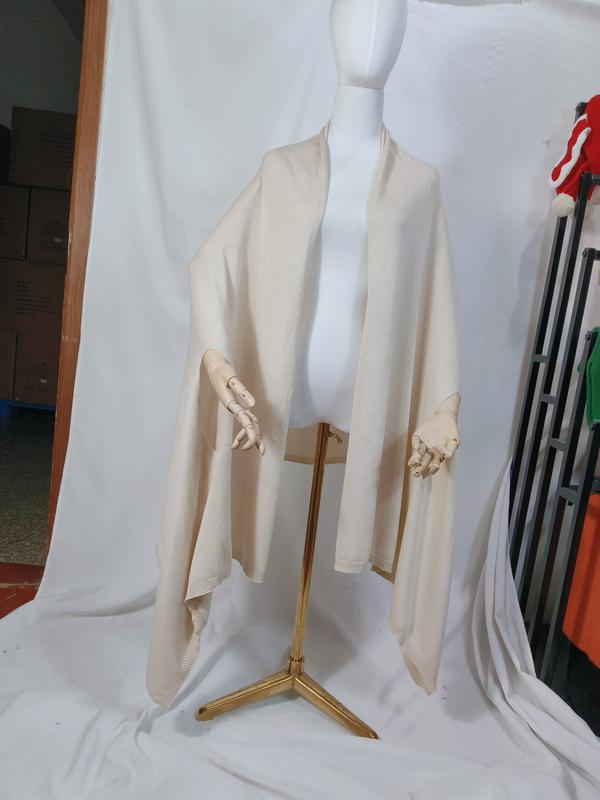 Cream ivory fine knit open-front wrap shawl draped on mannequin, ribbed hem detail, oversized silhouette - hotel amenity scarf supplier
