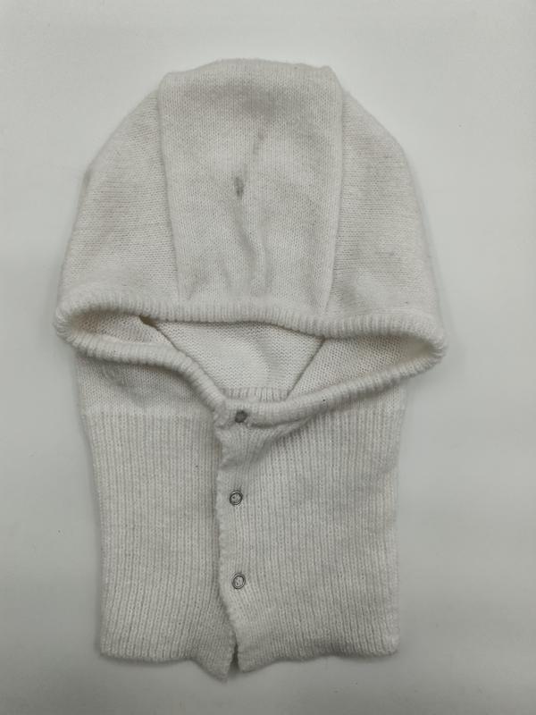 Cream white knitted baby balaclava helmet with fold-over hood and silver snap buttons, laid flat on white background - Oeko-Tex Standard 100 certified
