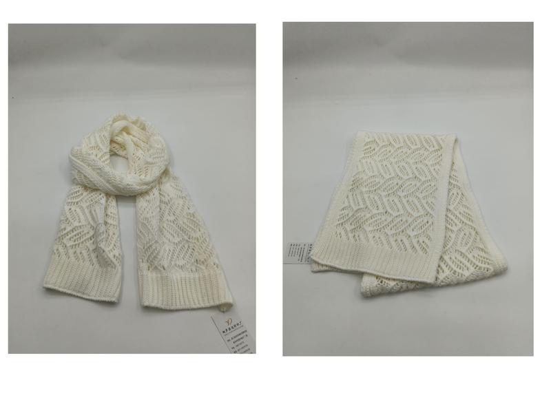 Cream white chunky open-knit scarf with geometric pointelle pattern shown draped and folded on white background - ISO 9001 quality controlled