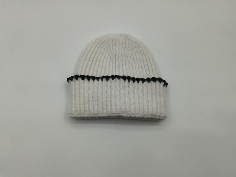 Cream white chunky ribbed knit winter beanie hat with folded cuff and black contrast whipstitch detail stripe - no MOQ for stock designs