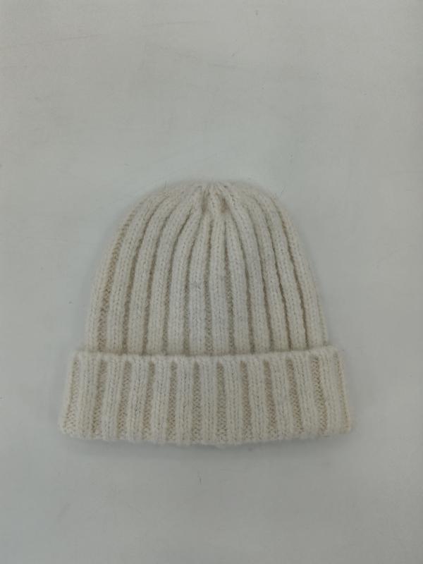Cream off-white ribbed knit winter beanie hat with folded cuff, laid flat on white background - air shipping 5-7 days arrival