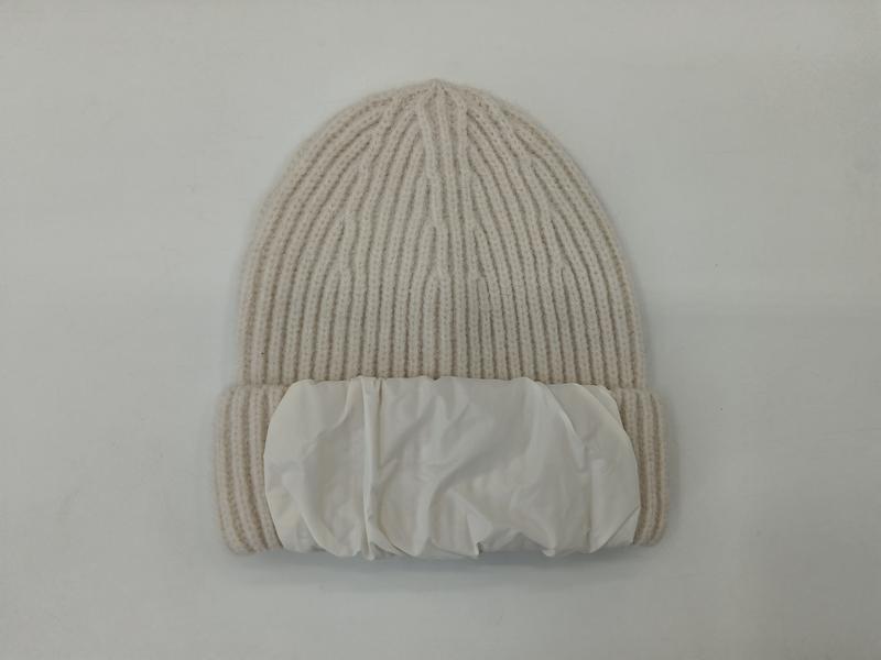 Cream ribbed knit winter beanie hat with white puffer fabric cuff band, flat lay on white background - custom size no extra charge