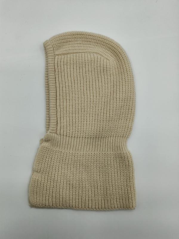 Cream ribbed knit balaclava ski mask laid flat on white background, full face coverage winter hood - no MOQ for stock designs