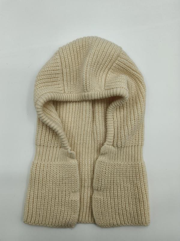 Cream ribbed knit balaclava full face ski mask laid flat on white background, chunky winter head covering - low MOQ 50pcs trial order