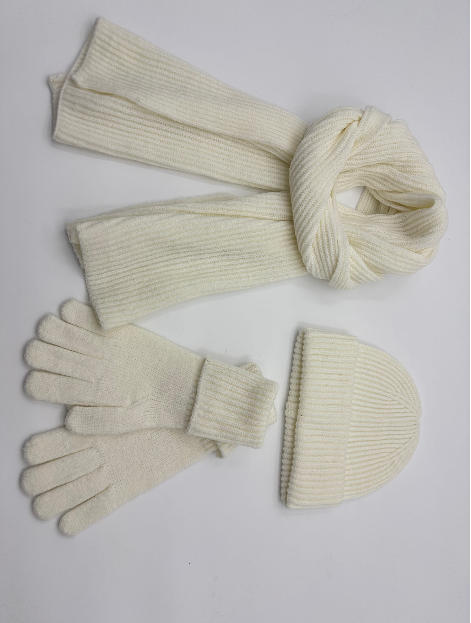 Cream ribbed knit 3-piece winter accessories set including long scarf, cuffed beanie hat and full-finger gloves on white background - jacquard custom pattern accepted