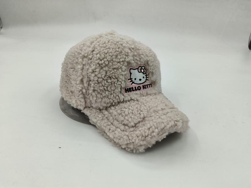 Cream fluffy sherpa teddy fleece baseball cap with embroidered Hello Kitty face patch and pink text on white background - custom size no extra charge