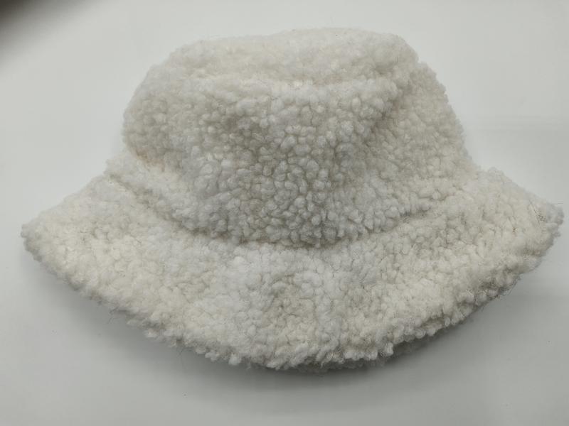 Cream white sherpa fleece bucket hat with fluffy boucle texture, placed on white background, soft winter accessory - custom Pantone color matching
