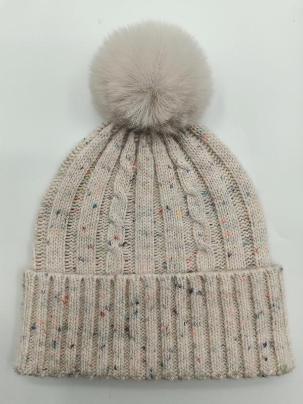 Cream cable knit winter beanie hat with multicolor fleck detailing and large fluffy faux fur pom pom on top - retail buyer inquiry welcome - air shipping 5-7 days arrival
