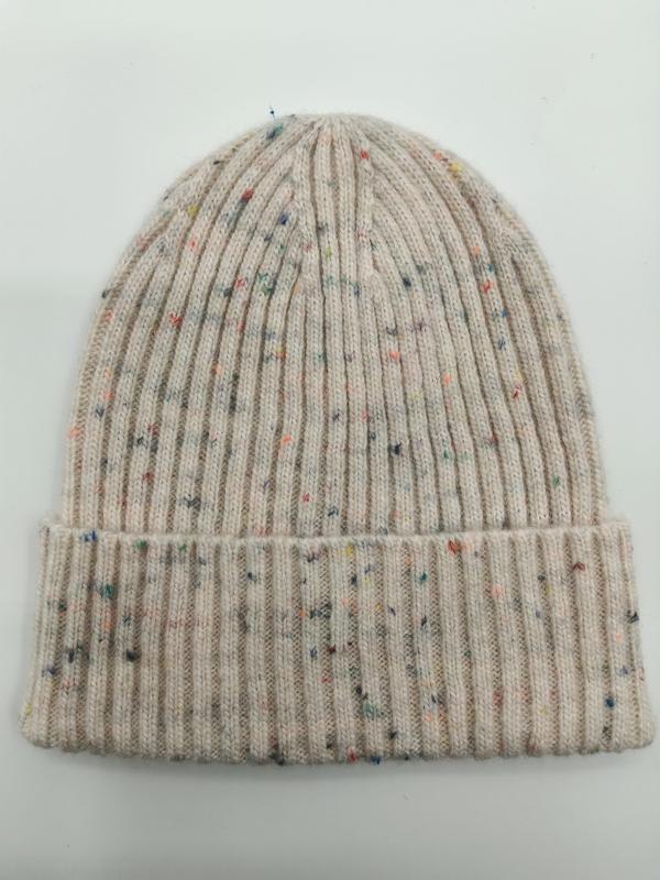 Cream ribbed knit beanie hat with multicolor confetti speckles and folded cuff, laid flat on white background - express production 15 days