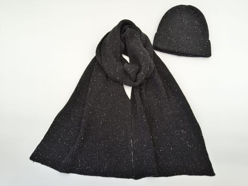 Dark charcoal ribbed knit scarf looped and matching beanie hat with white speckle pattern on white background - retail buyer inquiry welcome - custom logo label accepted