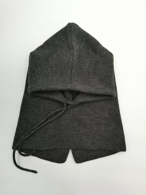 Folded dark gray ribbed knit hooded scarf with drawstring tie, laid flat on white background - small batch 100pcs accepted