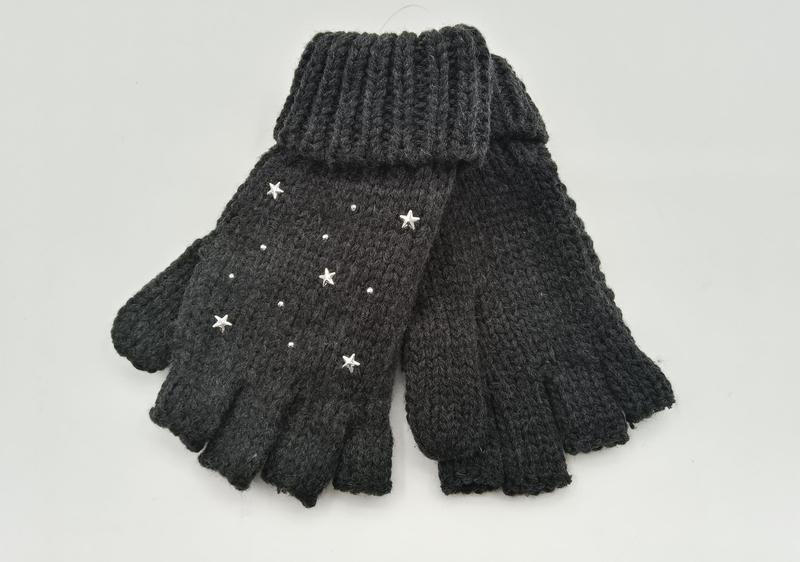 Pair of dark grey chunky knit fingerless gloves decorated with silver star studs and crystal embellishments on a white background - Oeko-Tex Standard 100 certified