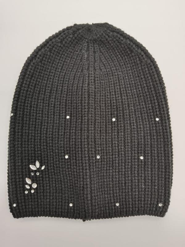 Dark grey chunky ribbed knit slouchy beanie hat decorated with scattered crystal rhinestones and a floral gem cluster - custom Pantone color matching