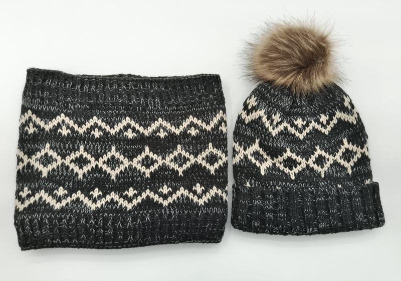 Dark grey and cream Fair Isle knit winter beanie hat with faux fur pom pom and matching infinity scarf set - certified scarf manufacturer China - sample order 10pcs available